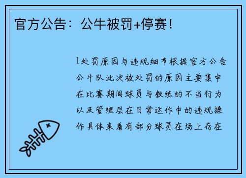 官方公告：公牛被罚+停赛！